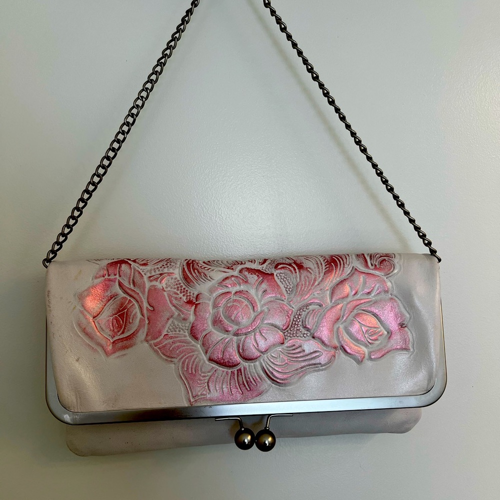 Patricia Nash Floral Embossed Clutch Bag - Pink and Silver. Leather.